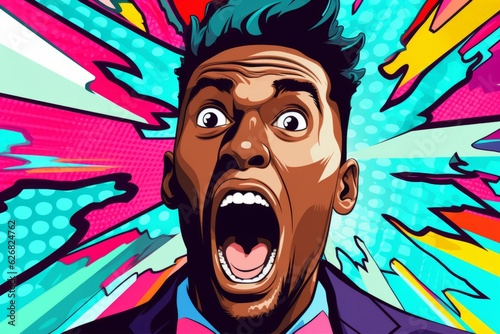 expressive black man shouting on vibrant pop art background, Generative AI