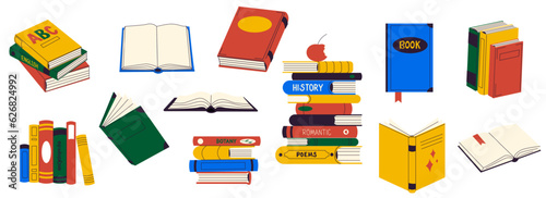 Books collection. Cartoon library of fiction and non fiction books, study and school supply organized and stacked. Vector set