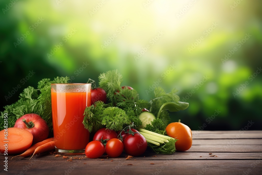 Fresh carrot juice with fresh vegetables on wooden table in garden. Healthy food concept. Background with copy space Fresh carrot juice with fresh vegetables on wooden table in garden. Healthy food concept. Background with copy space