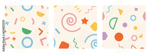 Set of doodle in seamless pattern. Abstract art background vector design with childish scribble, doodle, star, geometric in vibrant color. Fun creative illustration for kids, fabric, prints, cover.