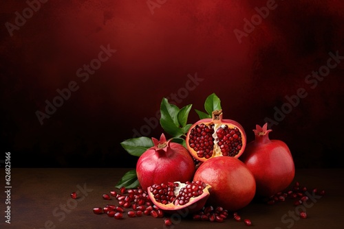 Ripe pomegranate fruit with leaves and seeds on dark background with copy space