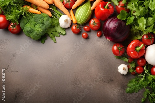Healthy food background. Fresh organic vegetables on grey background. Top view with copy space