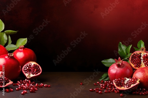 Ripe pomegranate fruit with leaves and seeds on dark background with copy space