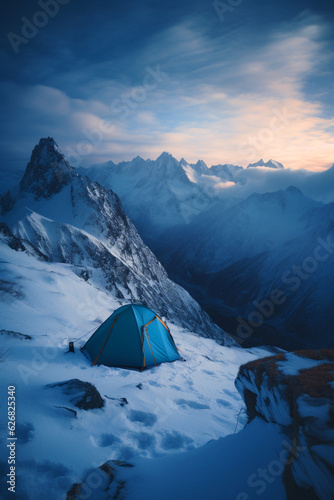 Tienda de campaña en medio de la montaña nevada. Paisaje de montaña en invierno en las alturas. Acampada en la montaña en la nieve. Generative ai. © ACG Visual