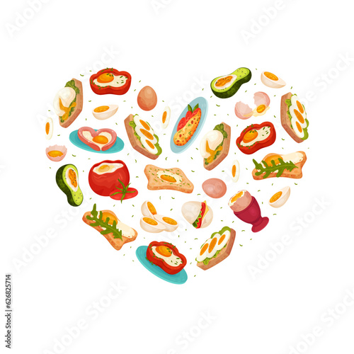 Tasty Egg Food Heart Composition Design with Cooked Meal Vector Template