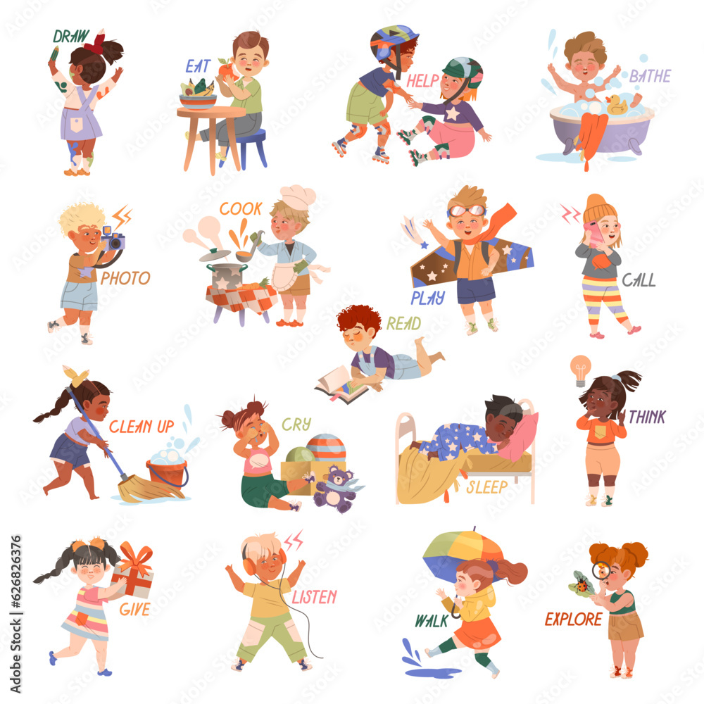 Fototapeta premium Funny Kids Engaged in Different Activities Demonstrating English Verb Big Vector Set
