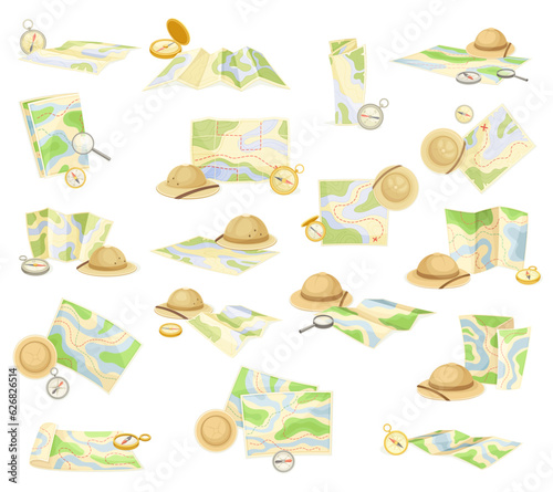 Expedition Map with Hat and Magnifying Glass Big Vector Set