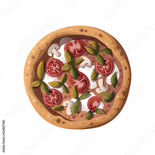 Pizza Margherita with tomatos and mozzarella. Italian cuisine, healthy food, cooking, restaurant menu, eating, recipes concept. Vector illustration for poster, menu, cover, banner.