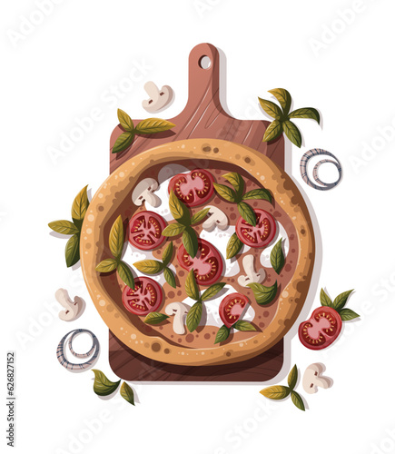 Pizza Margherita with tomatos and mozzarella on the wooden board. Italian cuisine, healthy food, cooking, restaurant menu, eating, recipes concept. Vector illustration for poster, menu, cover, banner.
