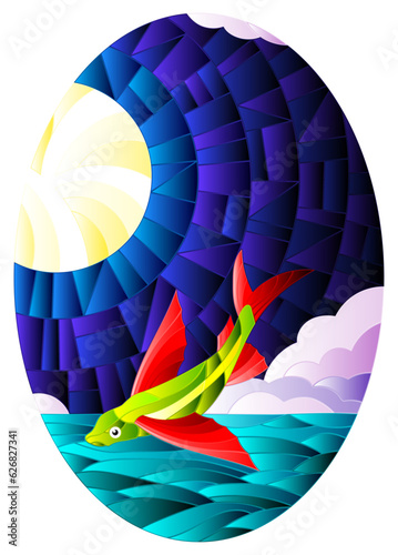 Illustration in stained glass style with a flying fish on the background of water ,cloud, night sky and moon