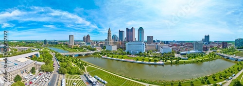 Downtown Columbus Ohio panorama aerial with full downtown skyscraper view and both river banks