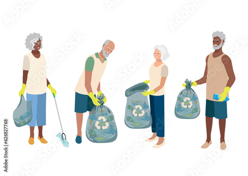 Active elderly men and women volunteers collect plastic waste in garbage bags. Take care of the environment. Sorting, recycling and waste disposal. Set vector illustration isolated on white background