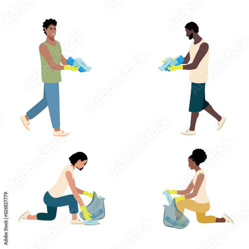 Man and woman volunteers put plastic garbage into garbage bags. Take care of the environment. Sorting, recycling and waste disposal. Set vector illustration isolated on white background.