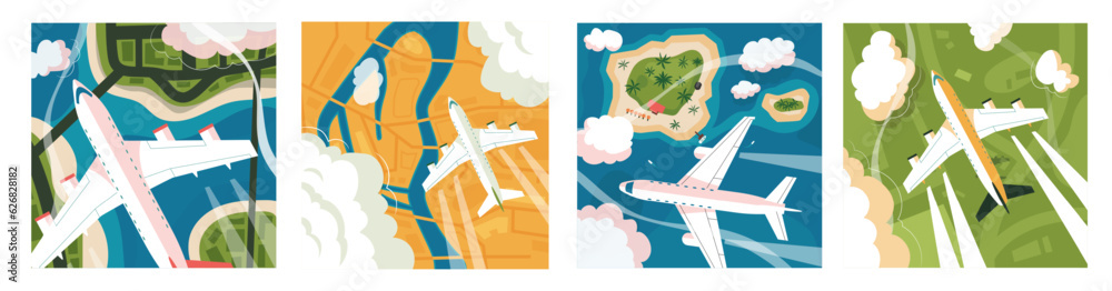 Plane aerial view. Summer landscape with flying air transport, top view of blue sky with flying aircraft and clouds, tourism and vacation concept. Vector illustration