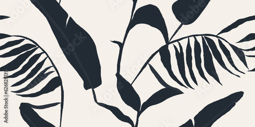 Minimal black and white modern botanical print. Hand drawn leaves silhouette collage contemporary seamless pattern. 