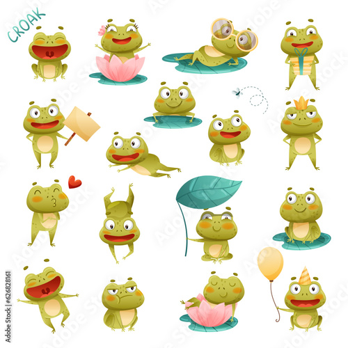 Funny Little Frog Character Engaged in Different Activity Big Vector Set