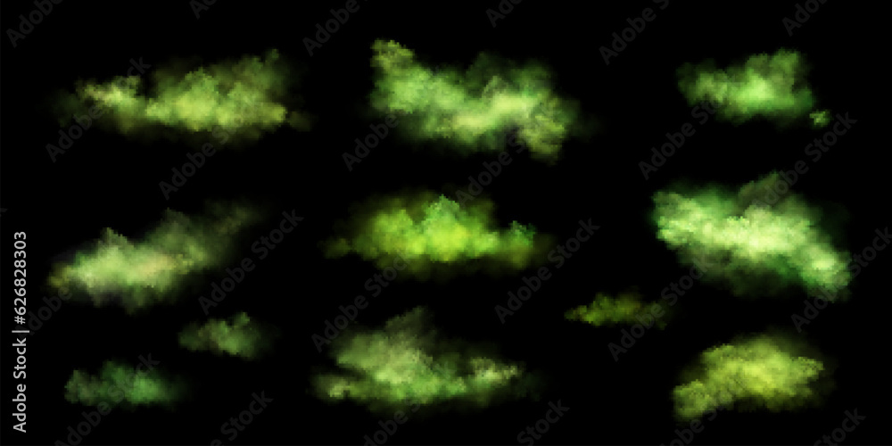 Toxic cloud with green poison stink smoke fog effect set. Bad fart smell realistic vector floating mist. 3d halloween vapor gases illustration isolated on black background. Potion abstract spray - obrazy, fototapety, plakaty 