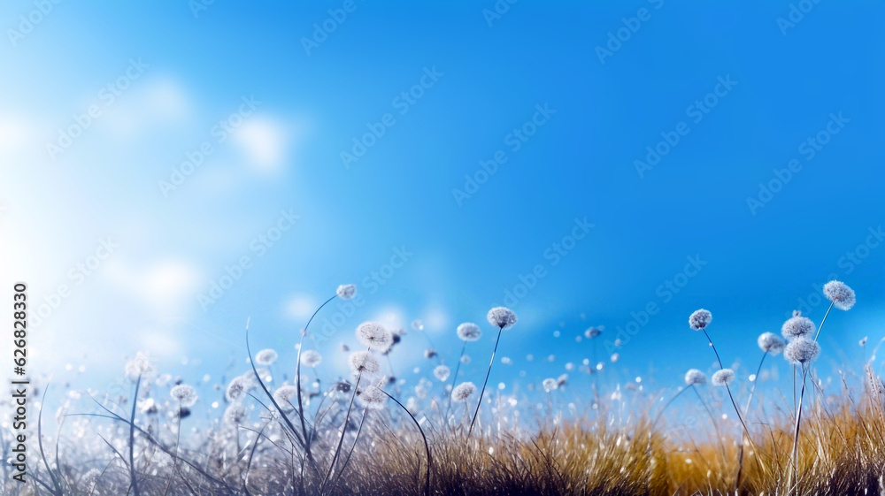 meadow with fluffy dandelions on blue sky background
