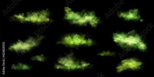 Toxic cloud with green poison stink smoke fog effect set. Bad fart smell realistic vector floating mist. 3d halloween vapor gases illustration isolated on black background. Potion abstract spray