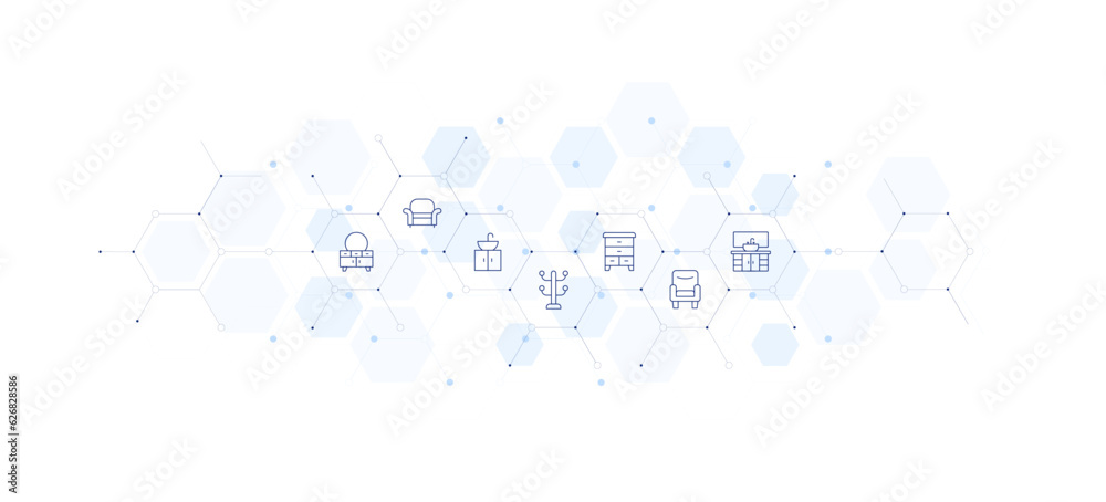 Home furniture banner vector illustration. Style of icon between. Containing dresser, armchair, sink, clothes rack.