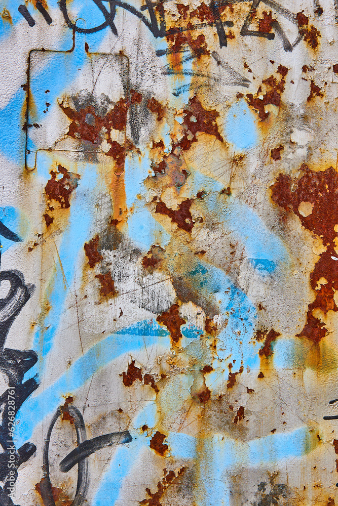 Textured vertical background asset of white paint with spray painted abstract words and rusty