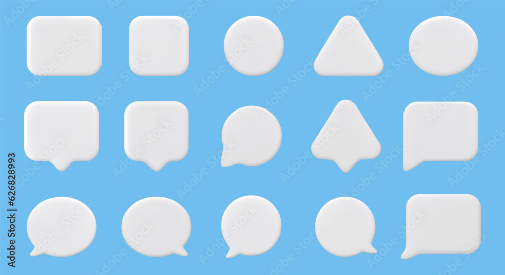 3D speech bubbles of different shapes. Empty Templates for web, apps. Blank chatting box, message box, speak bubble. 3D Vector Illustrations 3D speech bubbles of different shapes. Empty Templates for web, apps. Blank chatting box, message box, speak bubble. 3D Vector Illustrations
