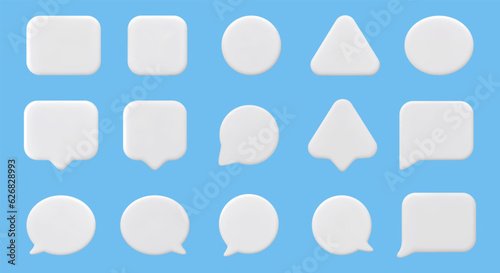 3D speech bubbles of different shapes. Empty Templates for web, apps. Blank chatting box, message box, speak bubble. 3D Vector Illustrations
