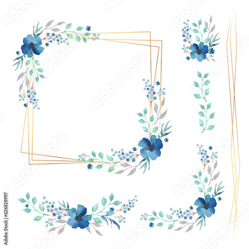Floral Frame Collection. Set of cute blue watercolor flowers for wedding invitations and birthday cards