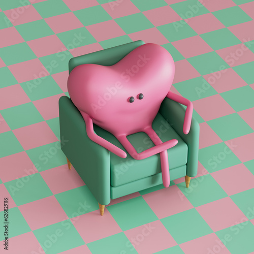Cartoon heart with arms and legs siting in chair in room. Heart health. Heart attack disease. Valentine's Day. Valentine poster. Background with copyspace. 3d render, 3d illustration.