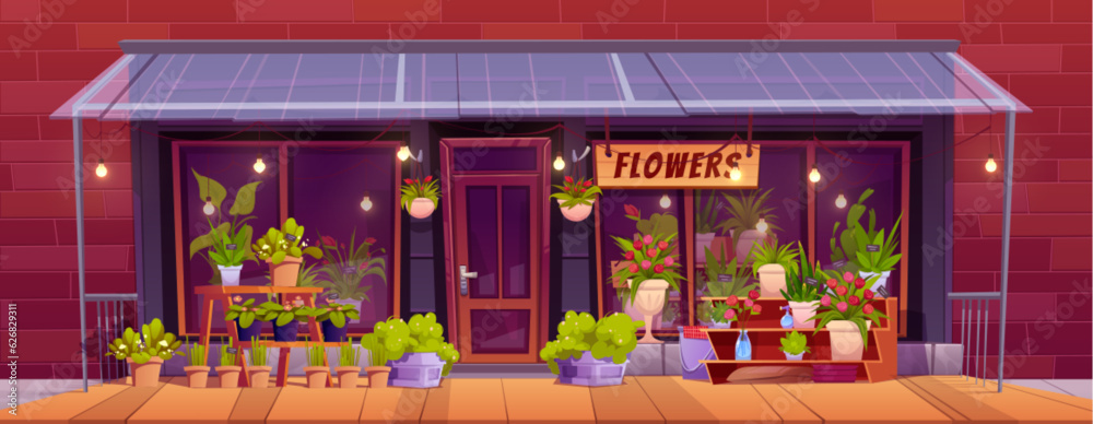 Flower street store building on city street vector illustration. Cartoon vintage boutique facade with door, window and bulb garland above awning. Beautiful plant and pot on wooden shelve outdoor