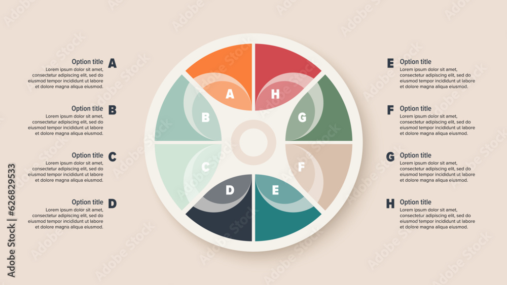 Flowchart Rnd Business process chart infographics with 8 step circles. Round workflow ...