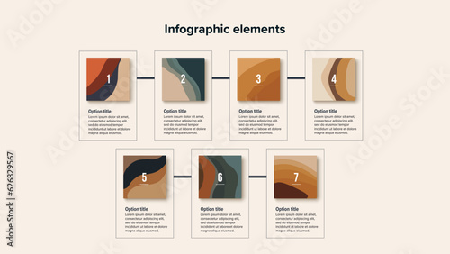 Business process chart infographics with 7 step squares. Rectangular workflow graphic elements. Company flowchart presentation slide. Vector info graphic in flat design