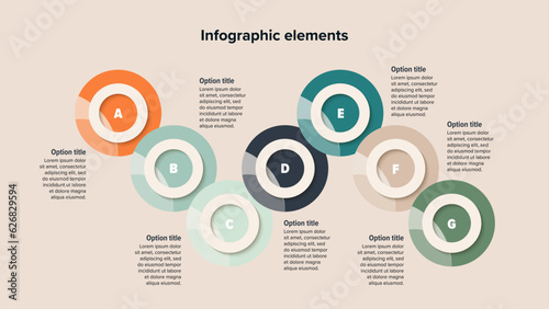 Business process chart infographics with 7 step circles. Round workflow graphic elements. Company flowchart presentation slide. Vector info graphic in flat design