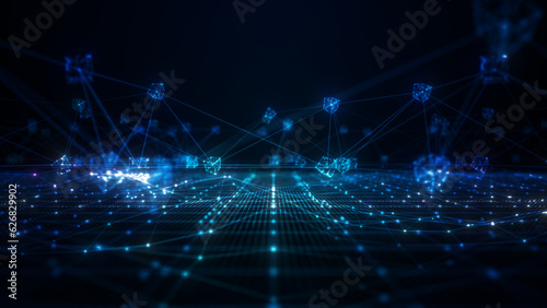 Blockchain network concept with digital cube rotation, Global technology digital data high-speed internet connection, Technology, and metaverse, Cryptocurrency blockchain, Background 3d rendering