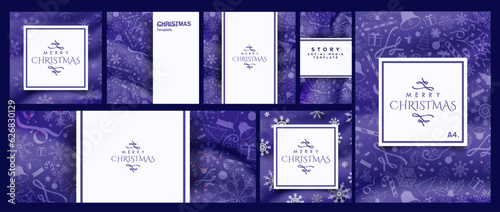 Collection of Beautiful Christmas Templates on blue gradient background with white copy space . Christmas Cards, Banner, a4 Poster template, social media story template. Xmas pattern. Vector.