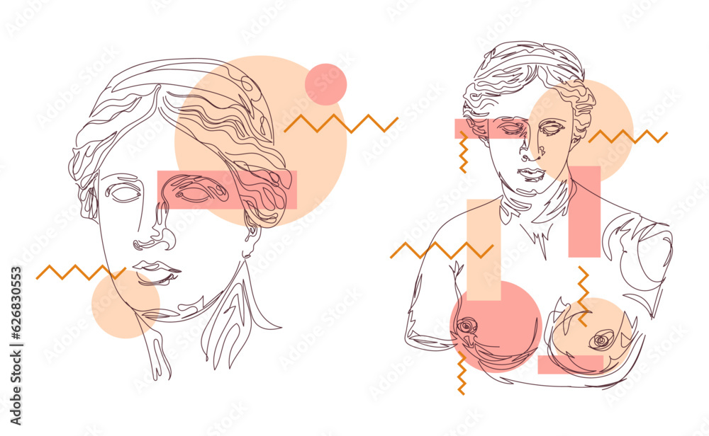 Venus de Milo Greek sculpture sketch vector illustration set. Portrait of a woman from lines and geometric shapes on a white background. Venus de Milo Greek sculpture sketch vector illustration set. Portrait of a woman from lines and geometric shapes on a white background.