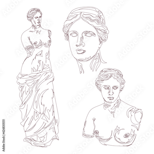 
Venus de Milo Greek sculpture sketch vector illustration set. One line portrait of a woman on a white background.