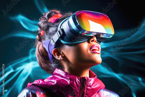 Portrait of a fictional woman wearing a virtual reality headset. Concept of metaverse, technology, future and innovation.