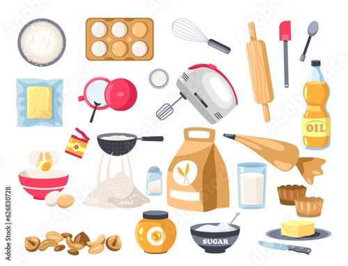 Bakery ingredients. Cartoon flour, sugar and eggs with utensils for baking desserts, flat food packaging design. Vector food set