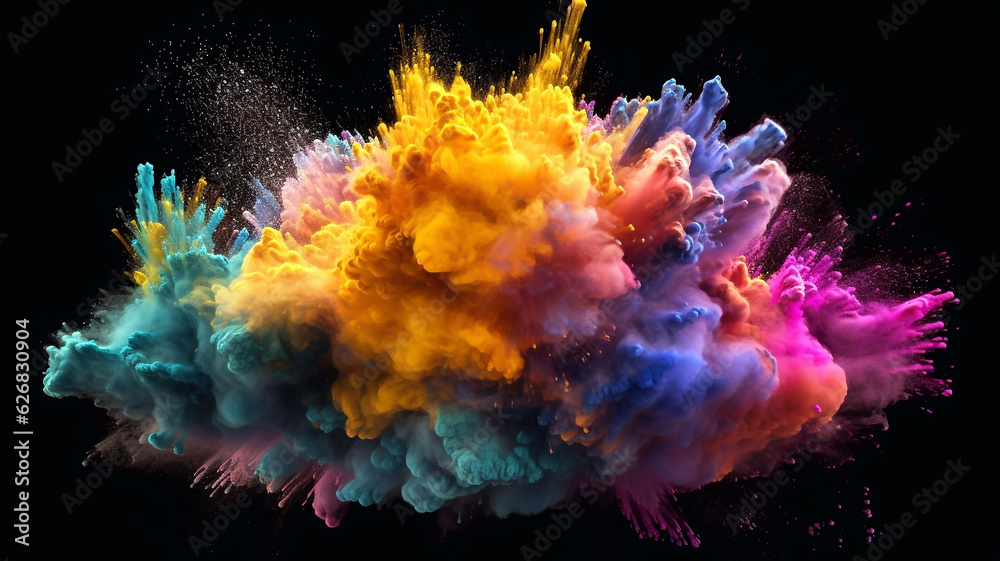Explosion of colored powder isolated on black background