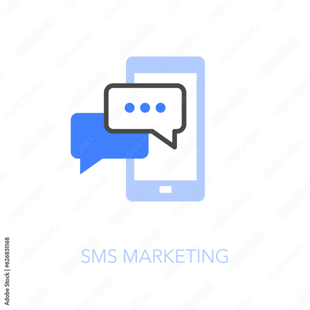 Simple visualised sms marketing icon symbol with a smartphone and promo communication bubbles.