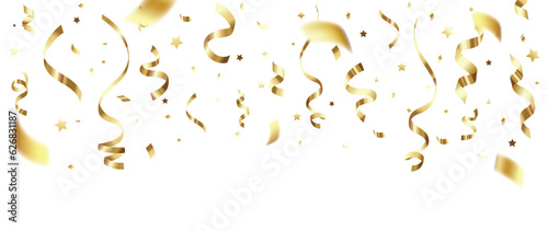 Golden ribbon falling from above background vector. Abstract vibrant ribbon and confetti streamers template design. Celebration festival wallpaper design for opening, party, birthday, backdrop.