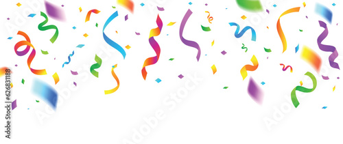 Colorful ribbon falling from above background vector. Abstract vibrant ribbon and confetti streamers template design. Celebration festival wallpaper design for opening, party, birthday, backdrop.