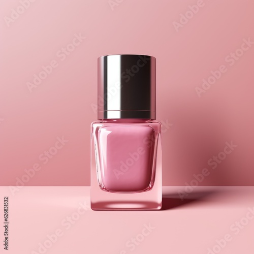 Pink nail polish bottle isolated on pink background. Square frame. AI