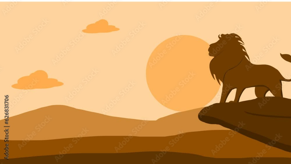 A jungle king or lion standing on the edge of a hill at sunrise in a barren desert, 4k, 2d animation, animation background