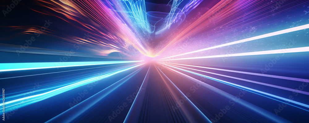 Obraz premium Light Speed Hyperspace Background, Colorful Light Streaks Depicting Motion, Generative AI