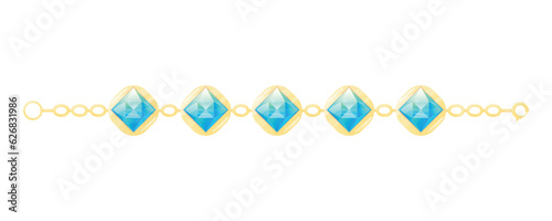 Golden royal luxury bracelet with blue emerald or diamond precious gem stone. Vector isolated cartoon female pendant, expensive treasure jewelry.