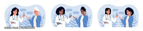 A smiling female doctor measures a woman's sugar level with a glucometer. World diabetes day banner. Doctors and patients of different races and ages.