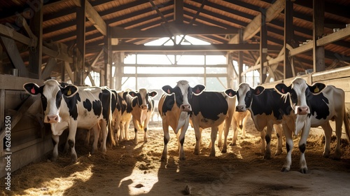 Photographie A herd of cows on a dairy farm in a light wooden stall.