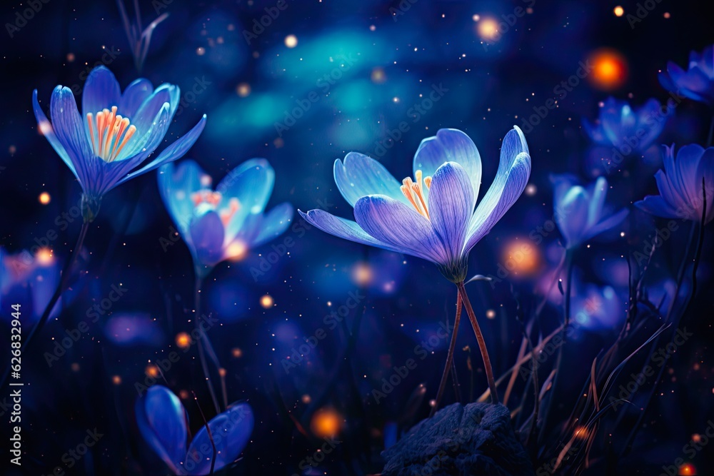 Mystery of Blooming Crocus Flowers on Dark Blue Galaxy Background. Ethereal and Glowing Cosmic Floral Art for Universe-Themed Designs. Generative AI
